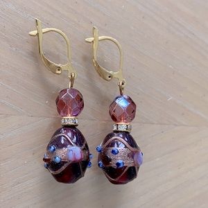 Lamp-work Bead Earrings Plum / Gold w/ Rhinestone